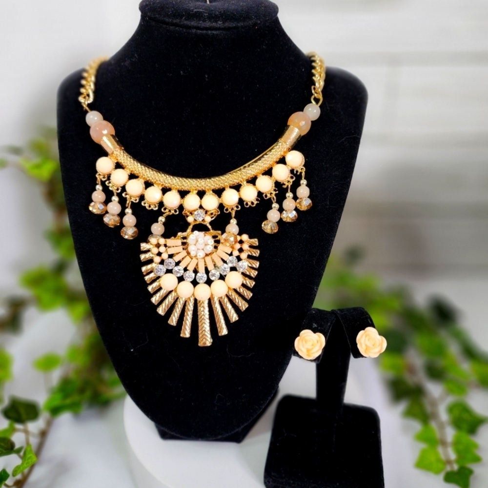 Gold and Mocha Statement Necklace and Rose Earrings Set